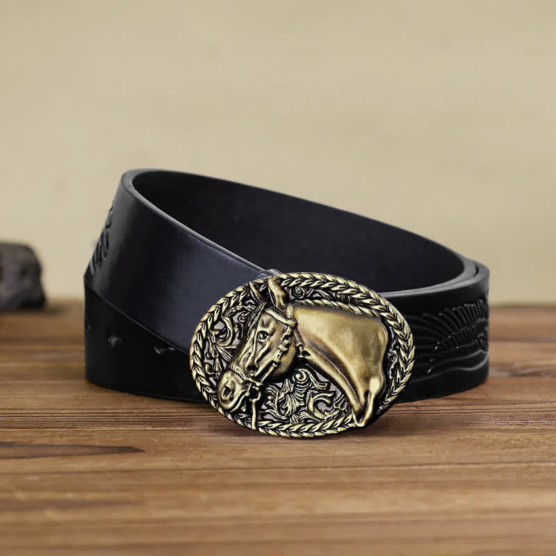 Men's DIY Engraved Horse Head Buckle Leather Belt