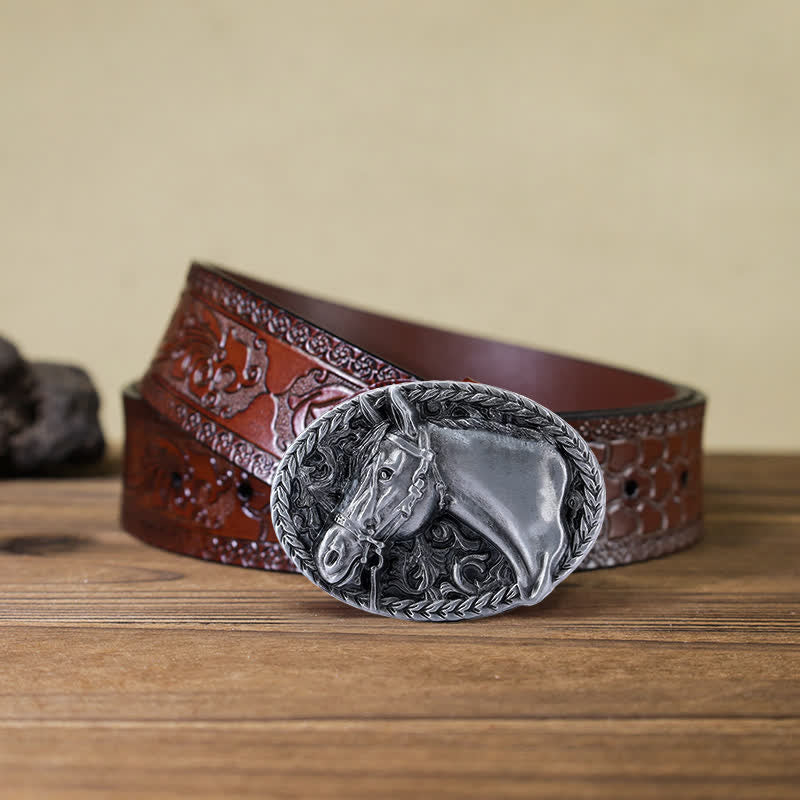 Men's DIY Engraved Horse Head Buckle Leather Belt