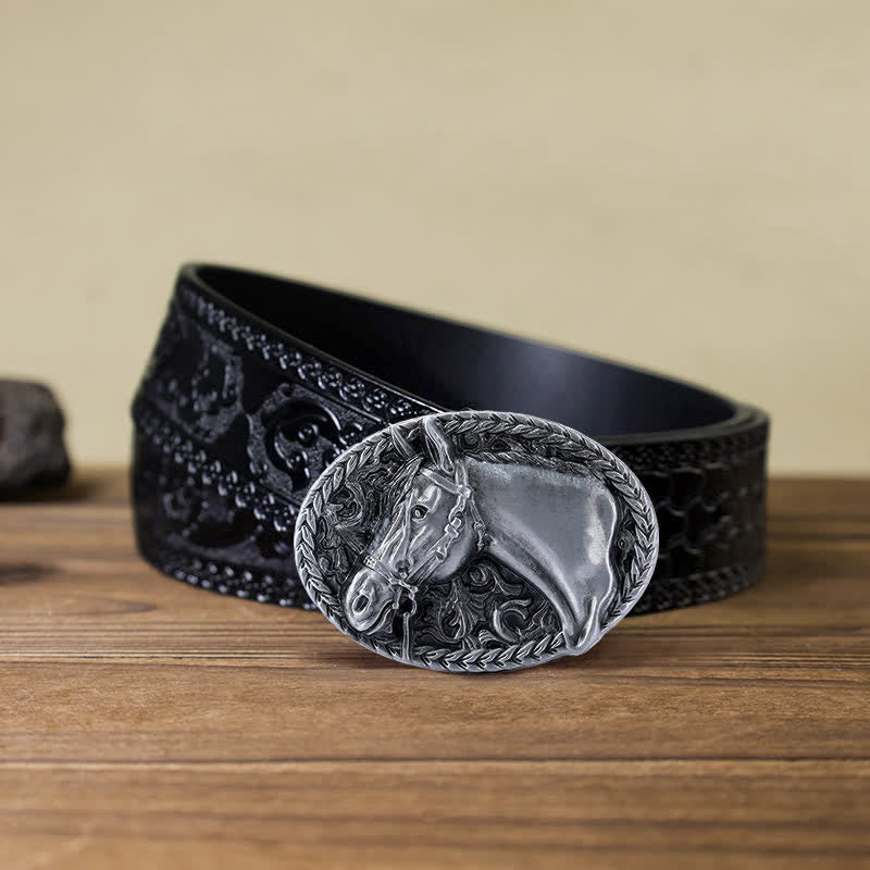 Men's DIY Engraved Horse Head Buckle Leather Belt