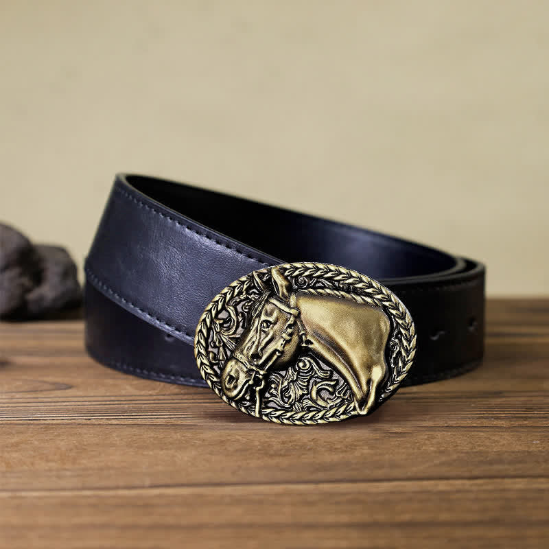 Men's DIY Engraved Horse Head Buckle Leather Belt