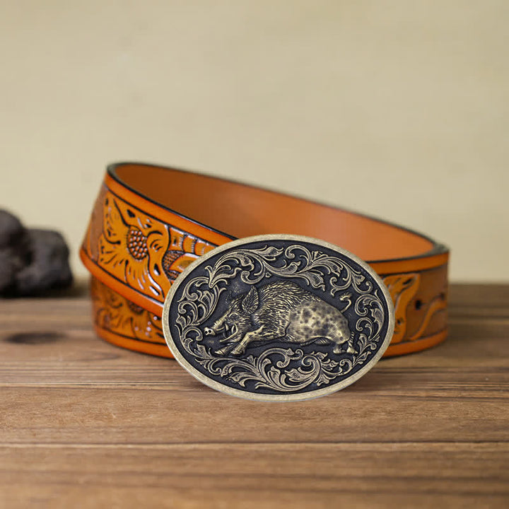 Men's DIY Novelty Wild Boar Buckle Leather Belt