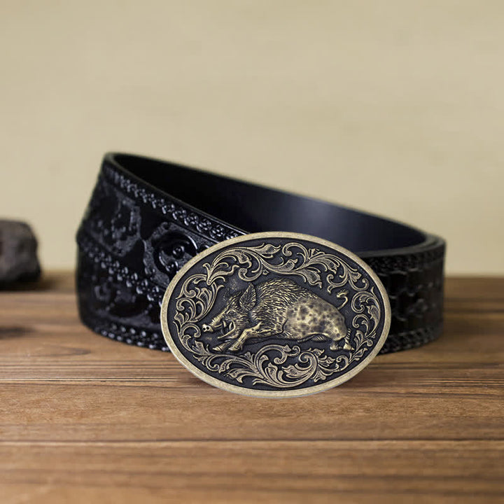 Men's DIY Novelty Wild Boar Buckle Leather Belt