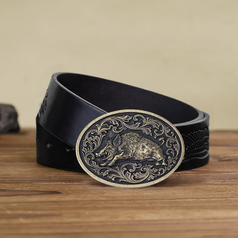 Men's DIY Novelty Wild Boar Buckle Leather Belt