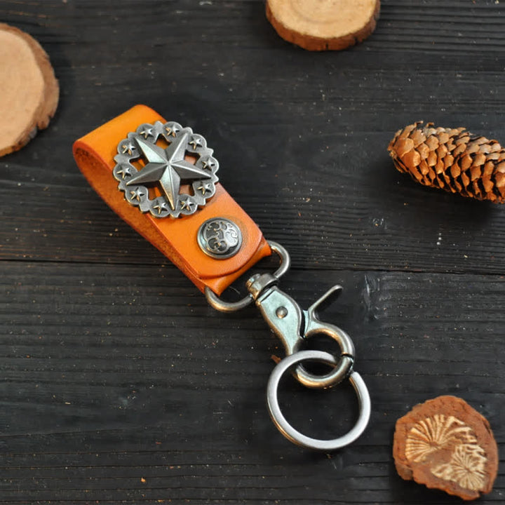 Lone Star Badge Cowhide Leather Keychain - Orange - image 5