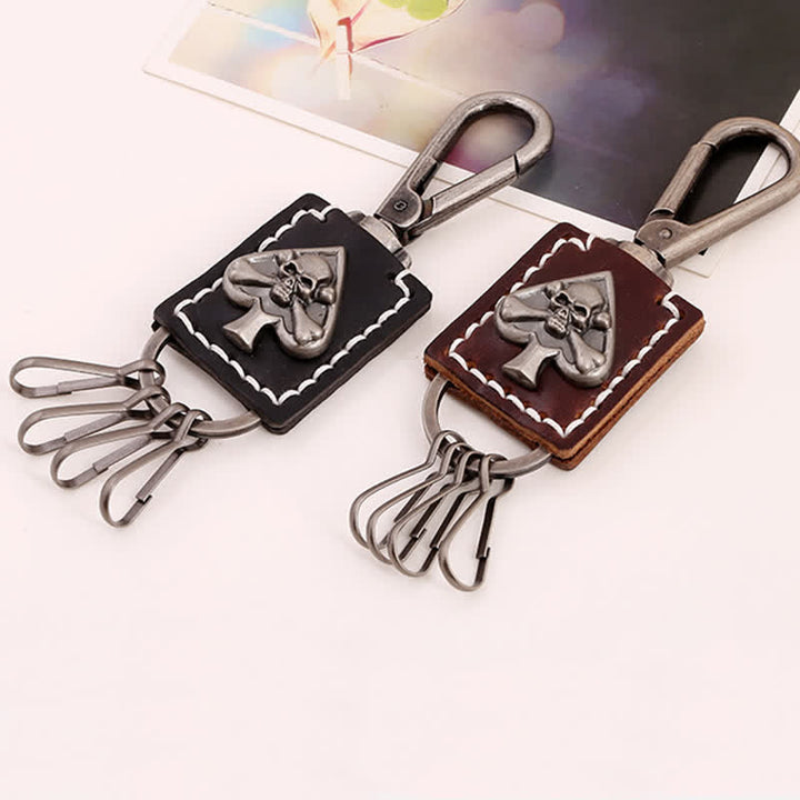 Gothic Skull Poker Ace Handmade Leather Keychain