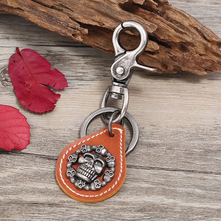 Skeleton Head Punk Pendant Leather Keychain - Orange - image 3