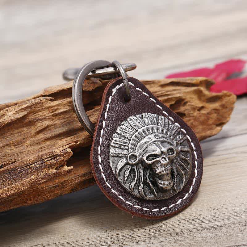 Indian Skull Charm Pendant Leather Keychain - image 2