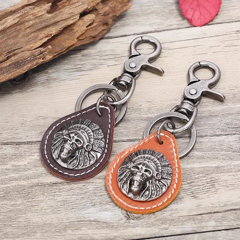 Indian Skull Charm Pendant Leather Keychain - image 0
