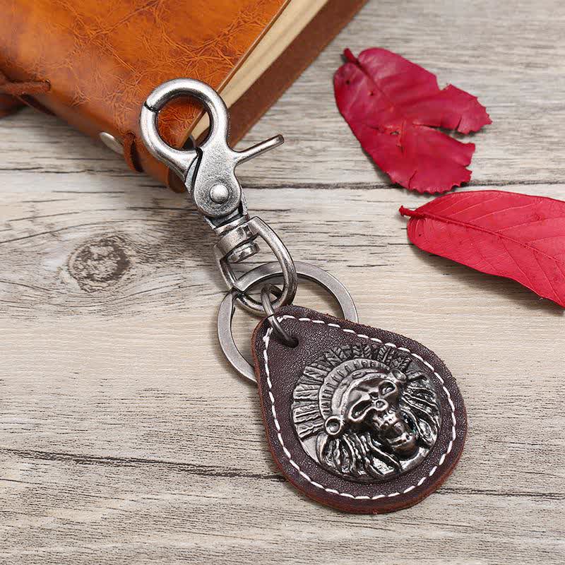 Indian Skull Charm Pendant Leather Keychain - Brown - image 1