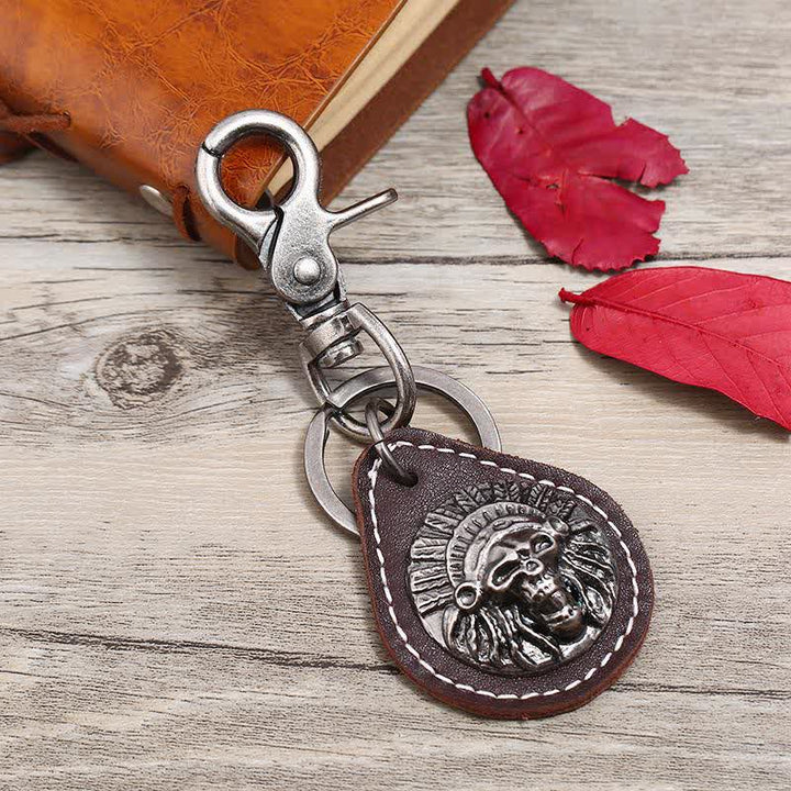 Indian Skull Charm Pendant Leather Keychain - Brown - image 1