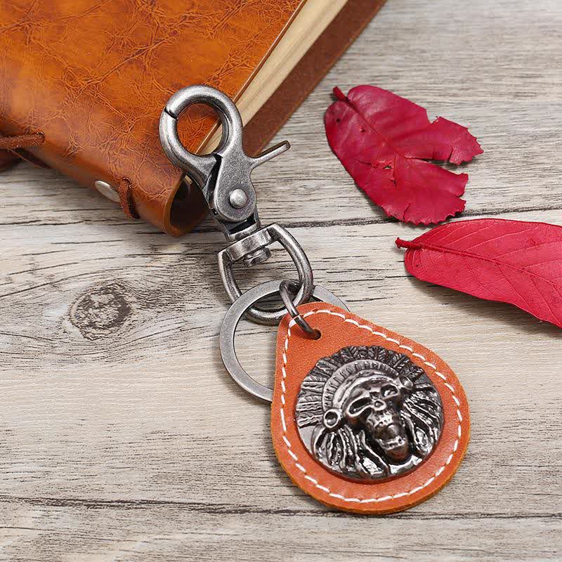 Indian Skull Charm Pendant Leather Keychain - Orange - image 3