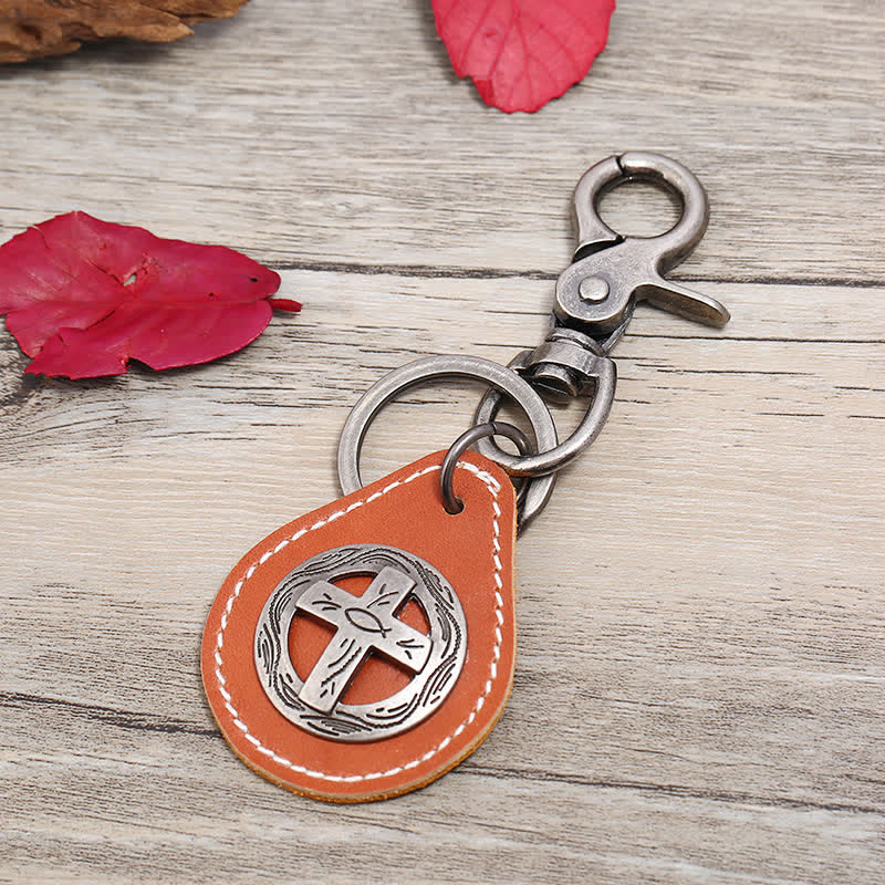 Retro Cross Hanging Pendant Leather Keychain - Orange - image 1