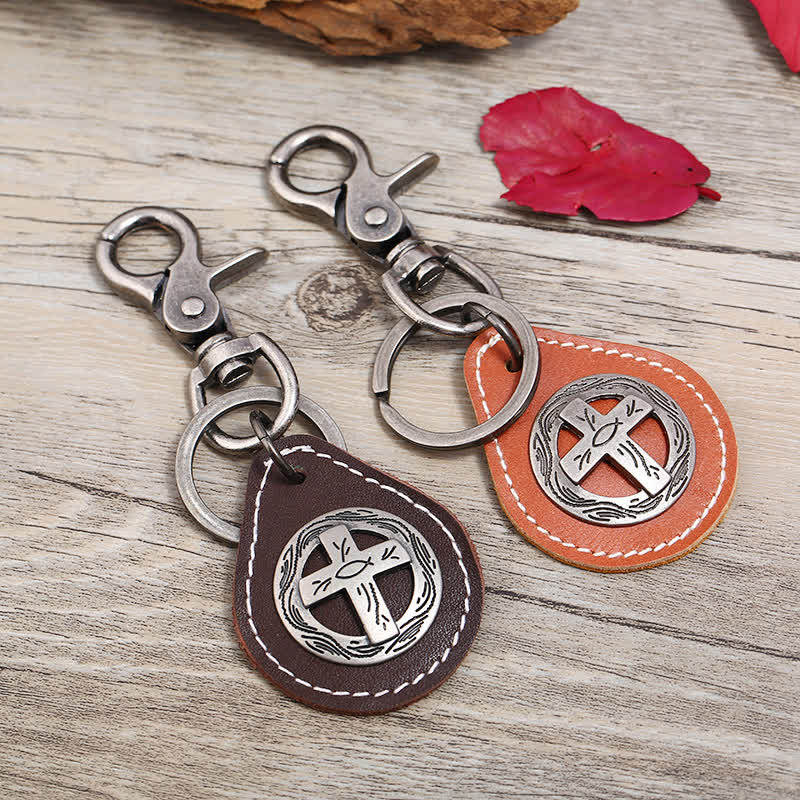 Retro Cross Hanging Pendant Leather Keychain - image 0