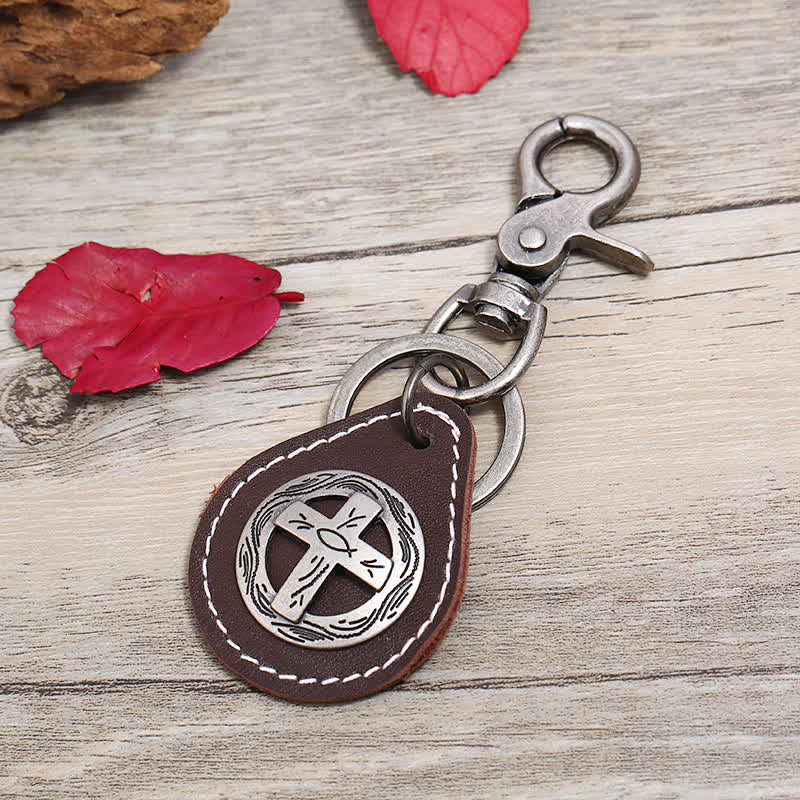 Retro Cross Hanging Pendant Leather Keychain - Brown - image 3
