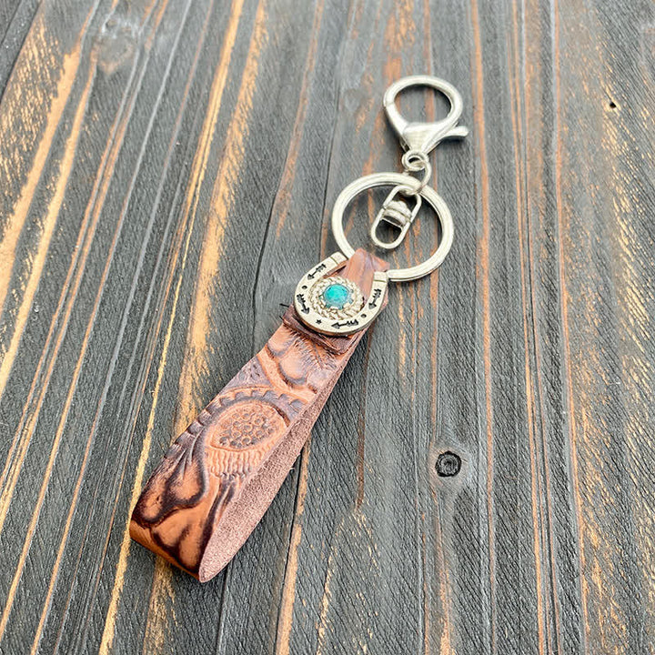 Weatern Turquoise Emboss Textured Leather Keychain