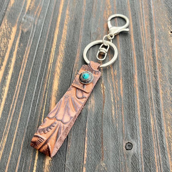 Weatern Turquoise Emboss Textured Leather Keychain