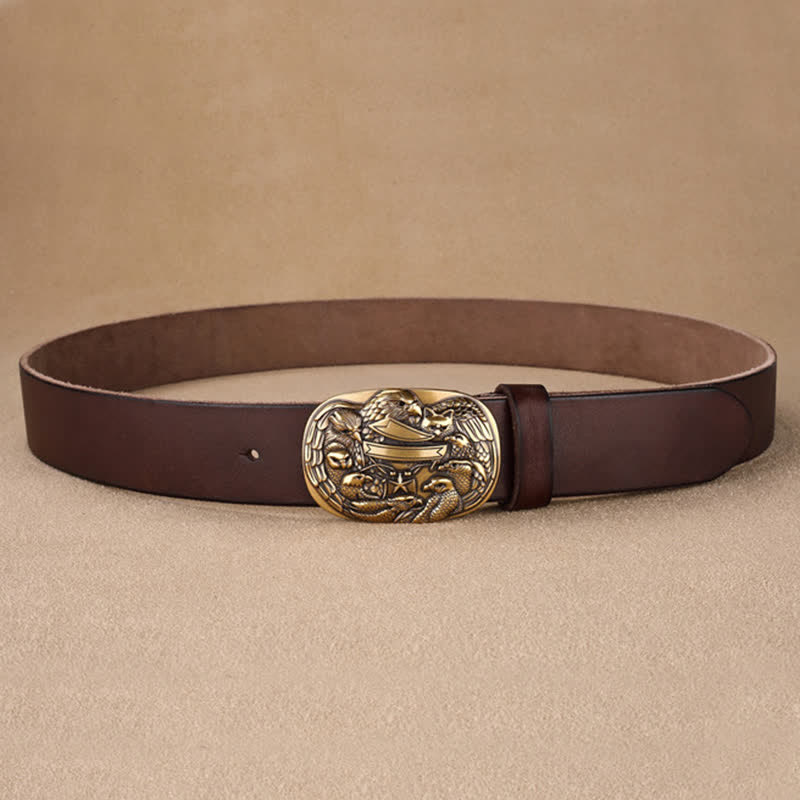 Men's Carved Flock of Eagles Head Buckle Leather Belt