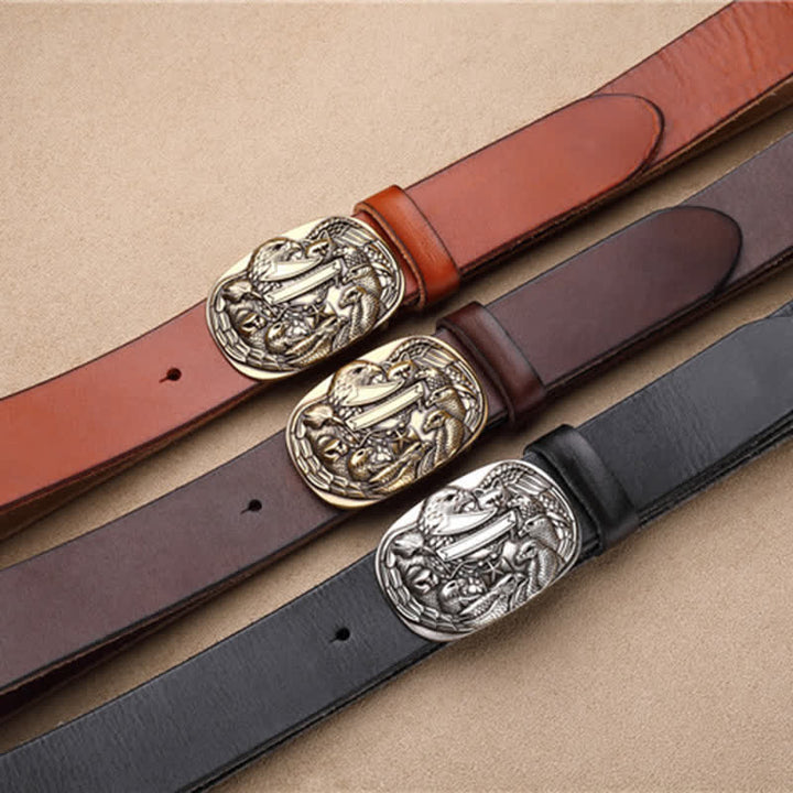 Men's Carved Flock of Eagles Head Buckle Leather Belt