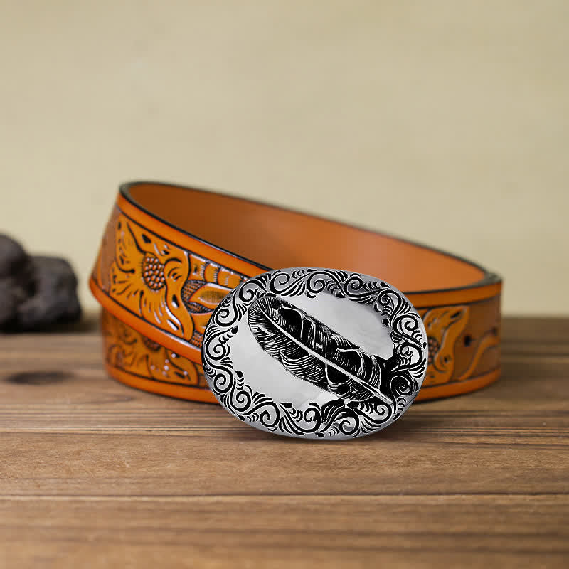 Men's DIY Charming Carved Feather Buckle Leather Belt