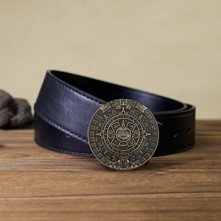 Men's DIY Aztec Mayan Big Round Buckle Leather Belt