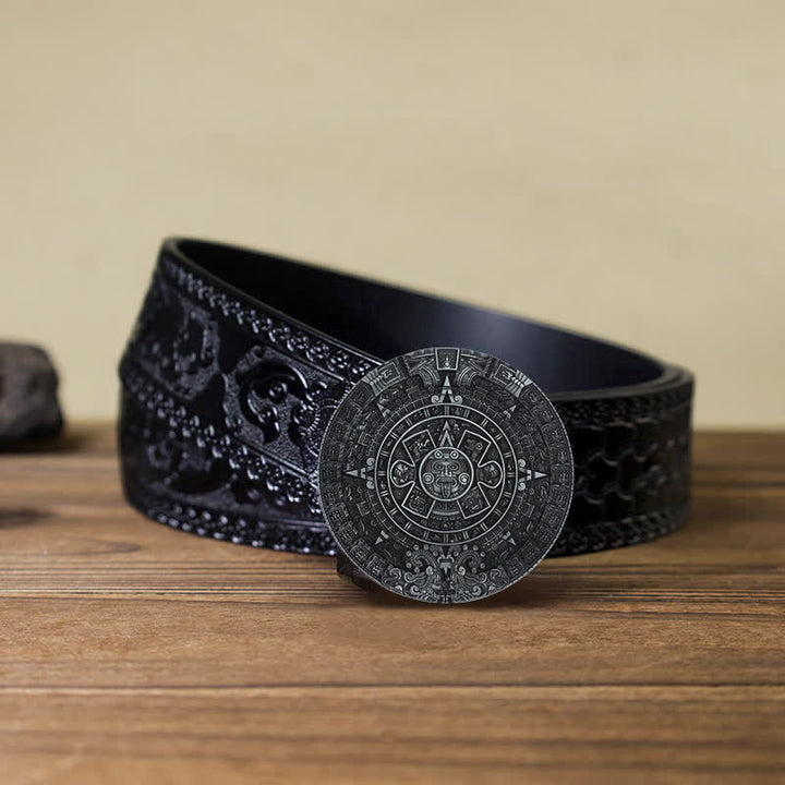 Men's DIY Aztec Mayan Big Round Buckle Leather Belt