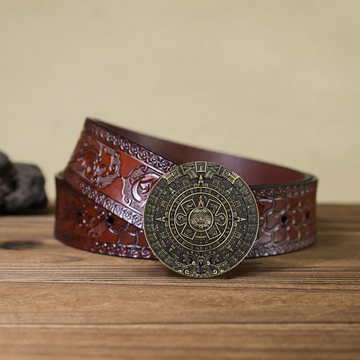 Men's DIY Aztec Mayan Big Round Buckle Leather Belt