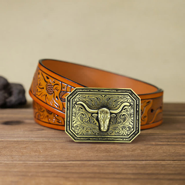 Men's DIY Simple Longhorn Bull Head Buckle Leather Belt