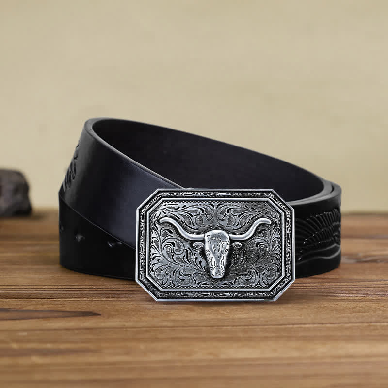 Men's DIY Simple Longhorn Bull Head Buckle Leather Belt