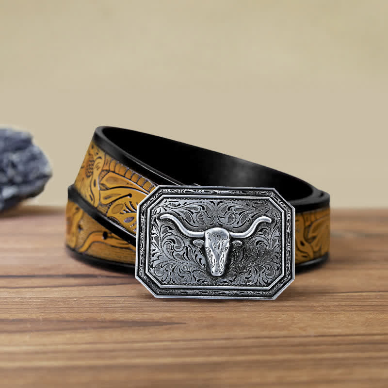 Men's DIY Simple Longhorn Bull Head Buckle Leather Belt