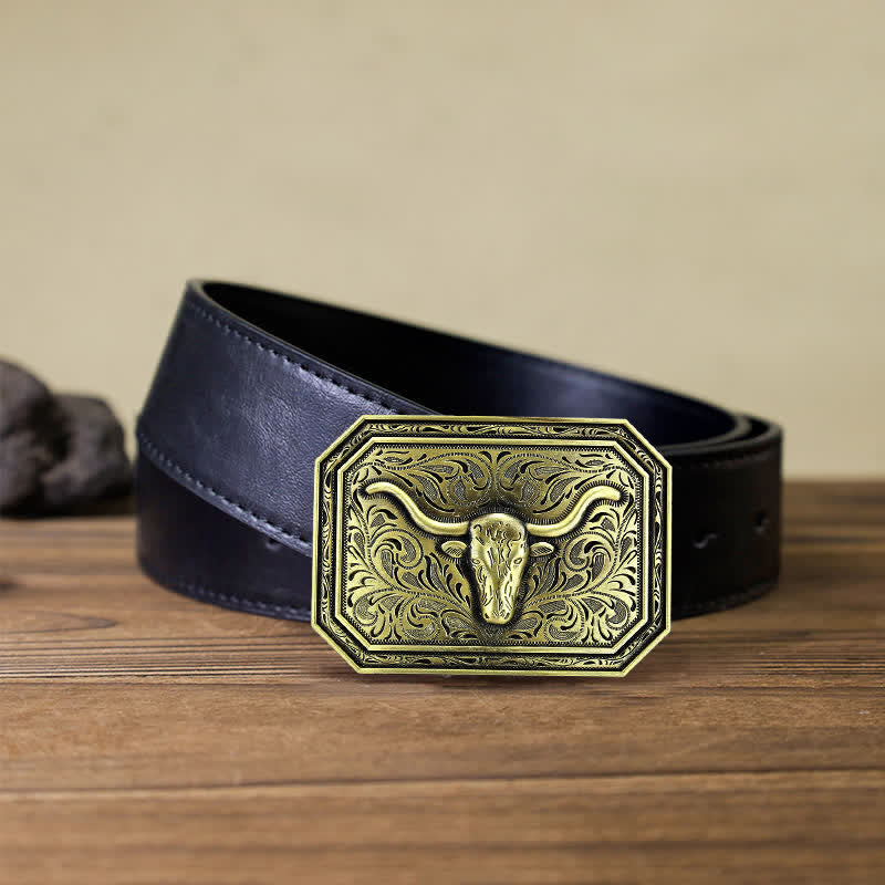 Men's DIY Simple Longhorn Bull Head Buckle Leather Belt