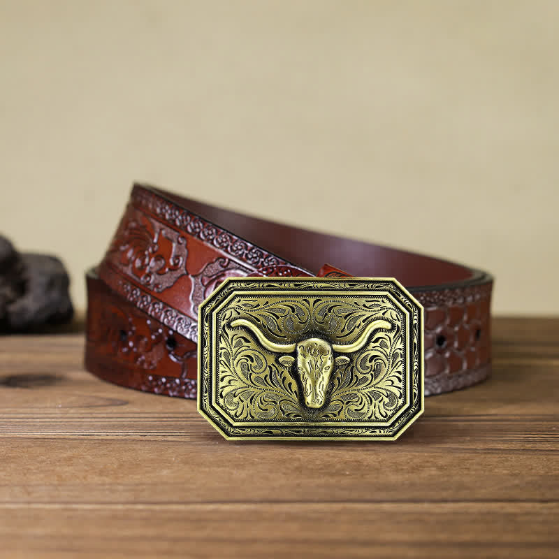 Men's DIY Simple Longhorn Bull Head Buckle Leather Belt