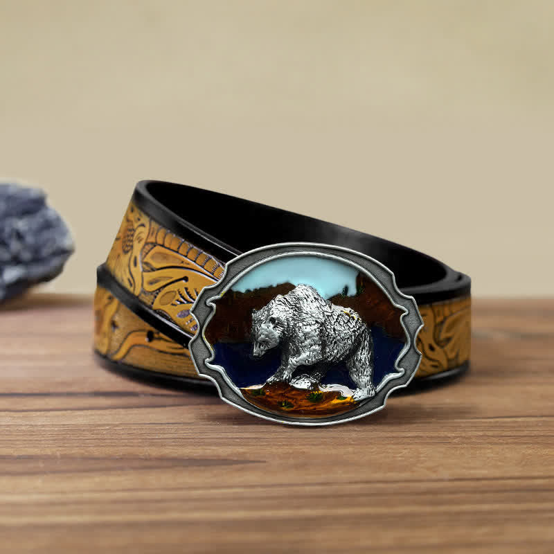 Men's DIY Polar Bear Enameled Buckle Leather Belt