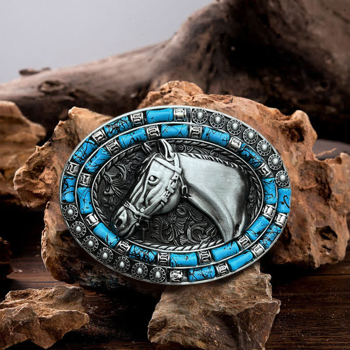 Men's DIY Horse Head Turquoise Buckle Leather Belt