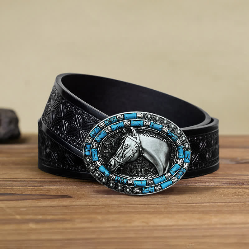 Men's DIY Horse Head Turquoise Buckle Leather Belt