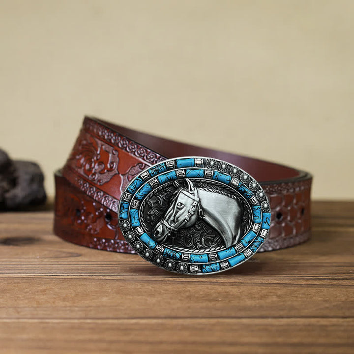 Men's DIY Horse Head Turquoise Buckle Leather Belt