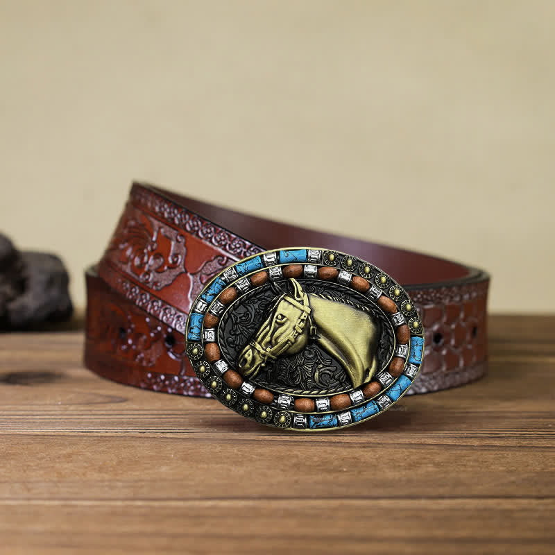 Men's DIY Horse Head Turquoise Buckle Leather Belt