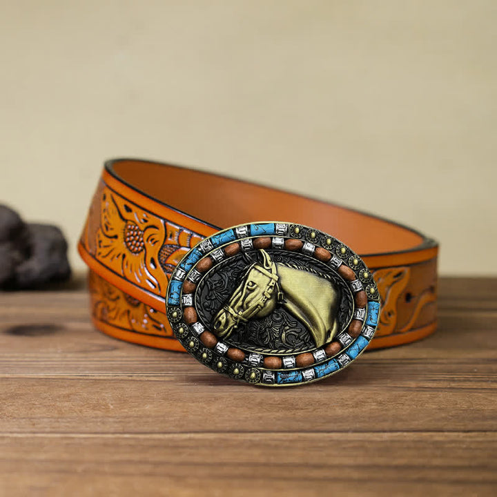 Men's DIY Horse Head Turquoise Buckle Leather Belt