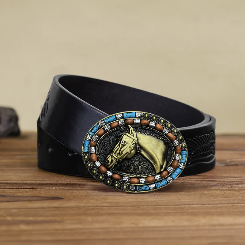 Men's DIY Horse Head Turquoise Buckle Leather Belt