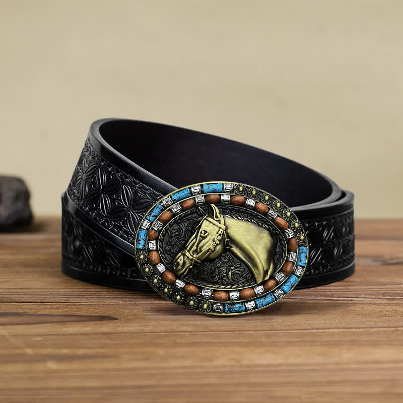 Men's DIY Horse Head Turquoise Buckle Leather Belt