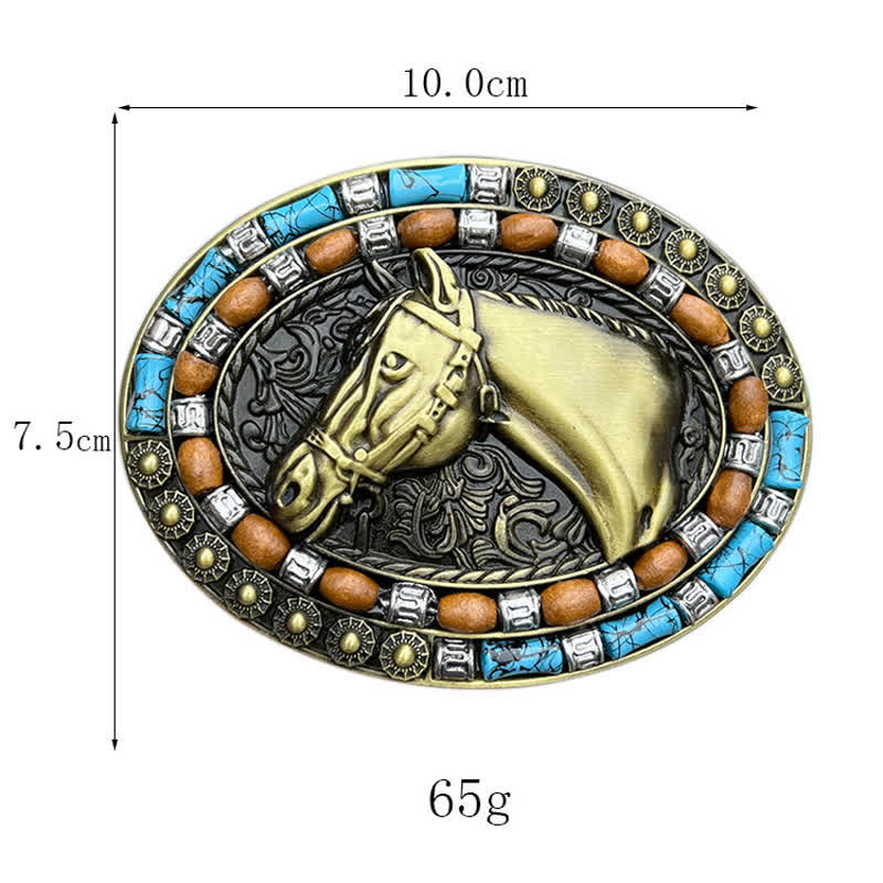 Men's DIY Horse Head Turquoise Buckle Leather Belt