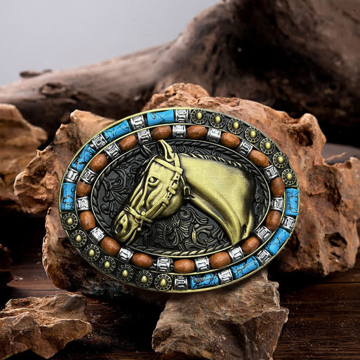 Men's DIY Horse Head Turquoise Buckle Leather Belt