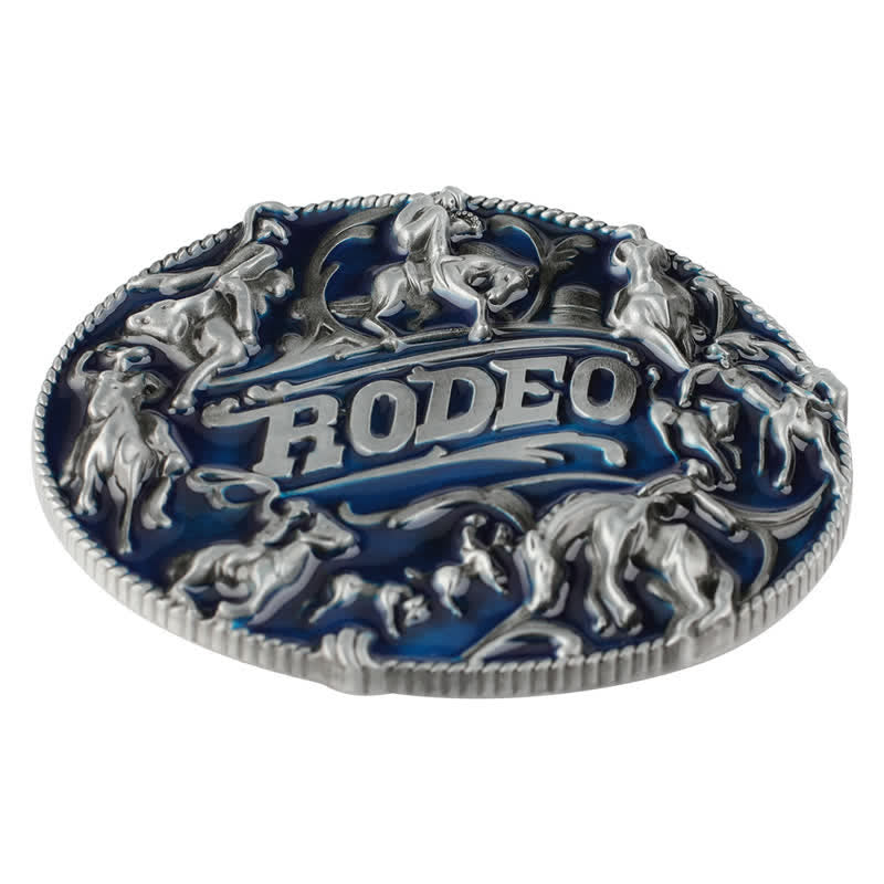 Men's DIY Blue Enamel Rodeo Bull Buckle Leather Belt