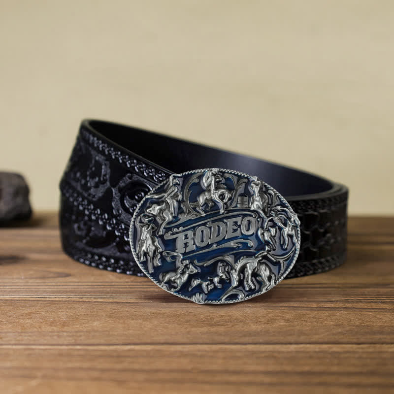 Men's DIY Blue Enamel Rodeo Bull Buckle Leather Belt