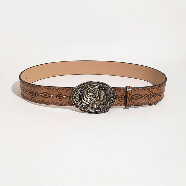 Western Style Rose Shaped Buckle Printed Leather Belt