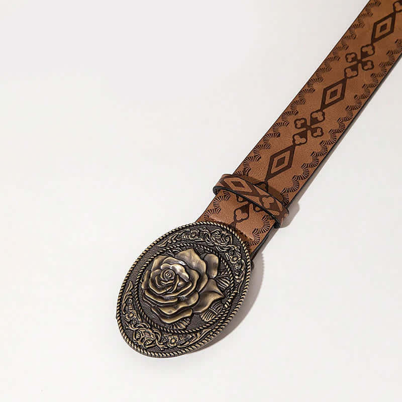 Western Style Rose Shaped Buckle Printed Leather Belt