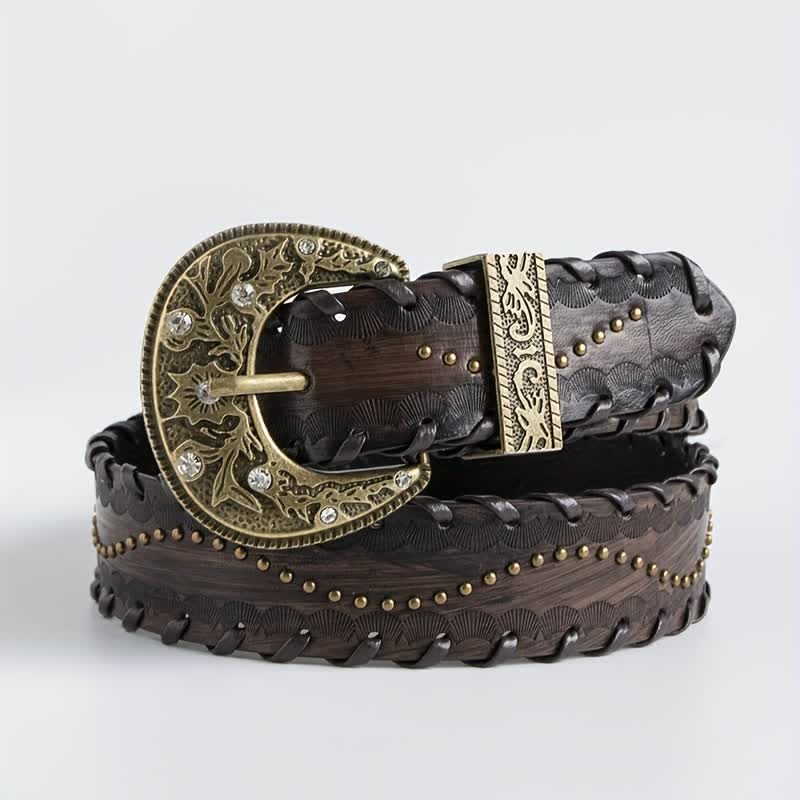 Women's Retro Rhinestone Rivet Embossed Leather Belt