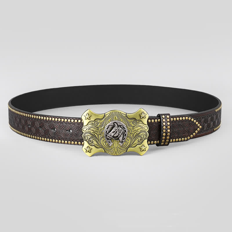 Men's Western Horse Relief Rivet Studded Leather Belt