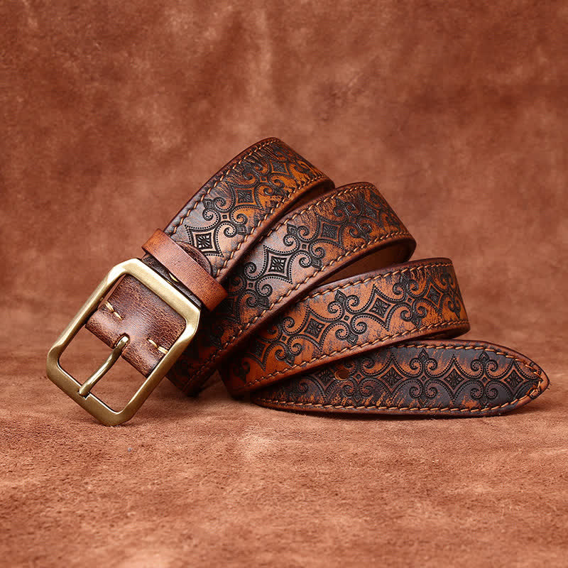 Men's Carving Strap Luxury Brass Buckle Leather Belt