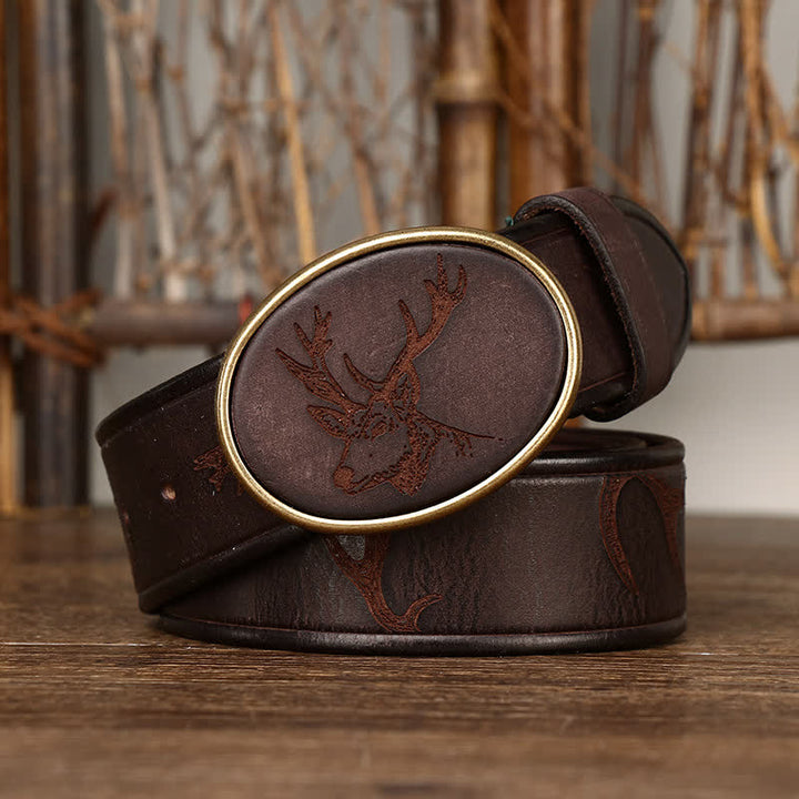 Men's Laser Engraving Deer Pattern Leather Belt