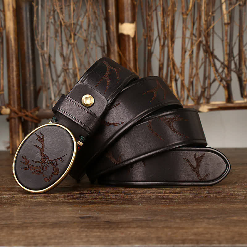 Men's Laser Engraving Deer Pattern Leather Belt - Black - 46 - image 0
